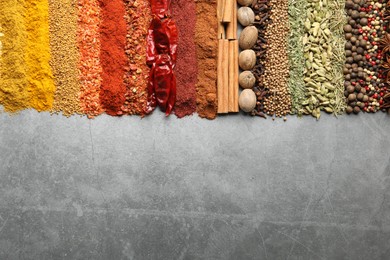 Photo of Many different spices on grey table, flat lay. Space for text
