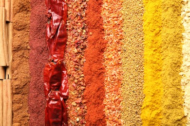 Photo of Many different spices as background, top view