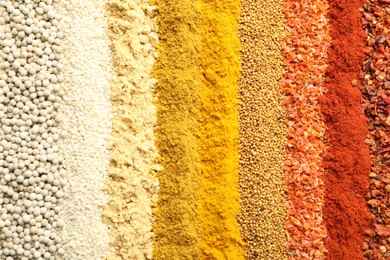 Photo of Many different spices as background, top view