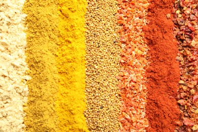 Photo of Many different spices as background, top view