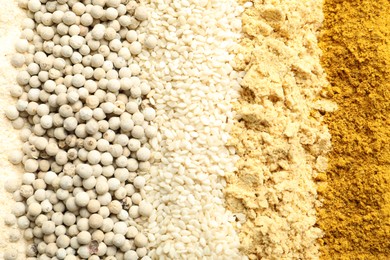 Photo of Many different spices as background, top view