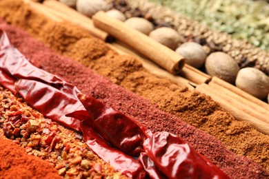 Photo of Many different spices as background, closeup view