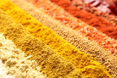 Photo of Many different spices as background, closeup view