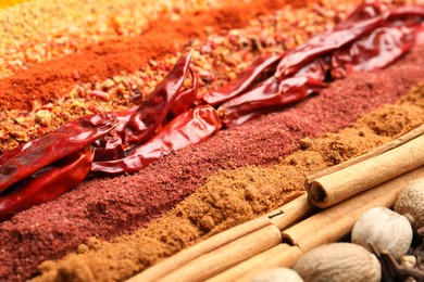Photo of Many different spices as background, closeup view