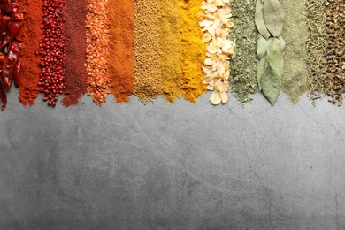 Photo of Many different spices on grey table, flat lay. Space for text