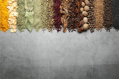 Photo of Many different spices on grey table, flat lay. Space for text