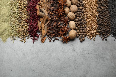 Photo of Many different spices on grey table, flat lay. Space for text