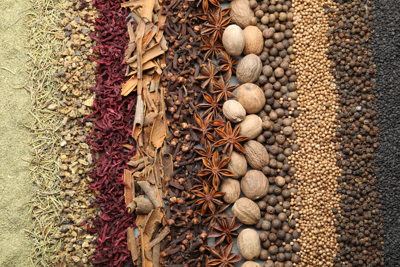 Many different spices as background, top view Photo of Many different spices as background, top view
