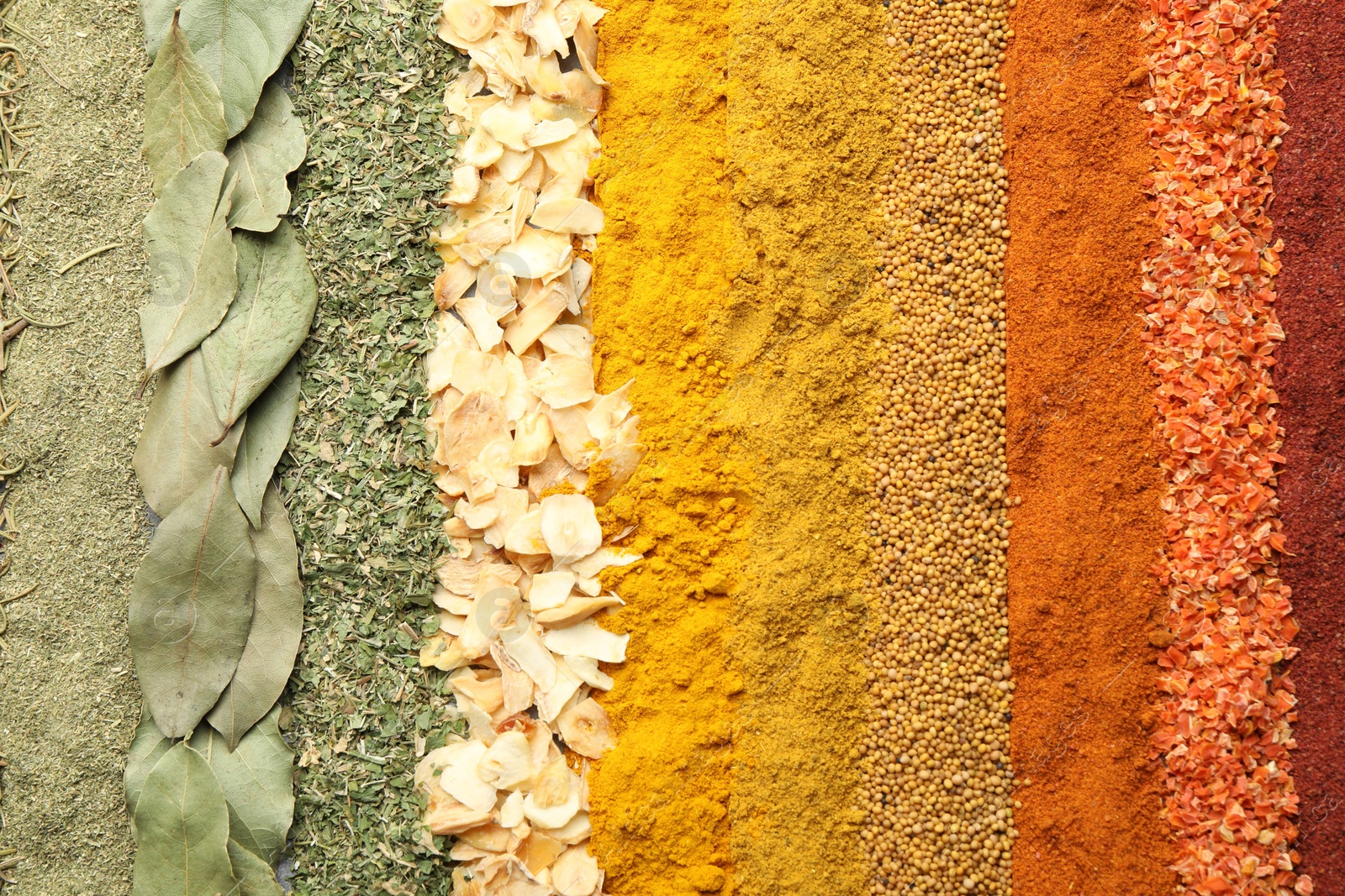 Many different spices as background, top view Photo of Many different spices as background, top view