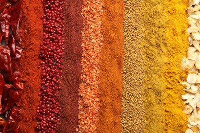 Photo of Many different spices as background, top view