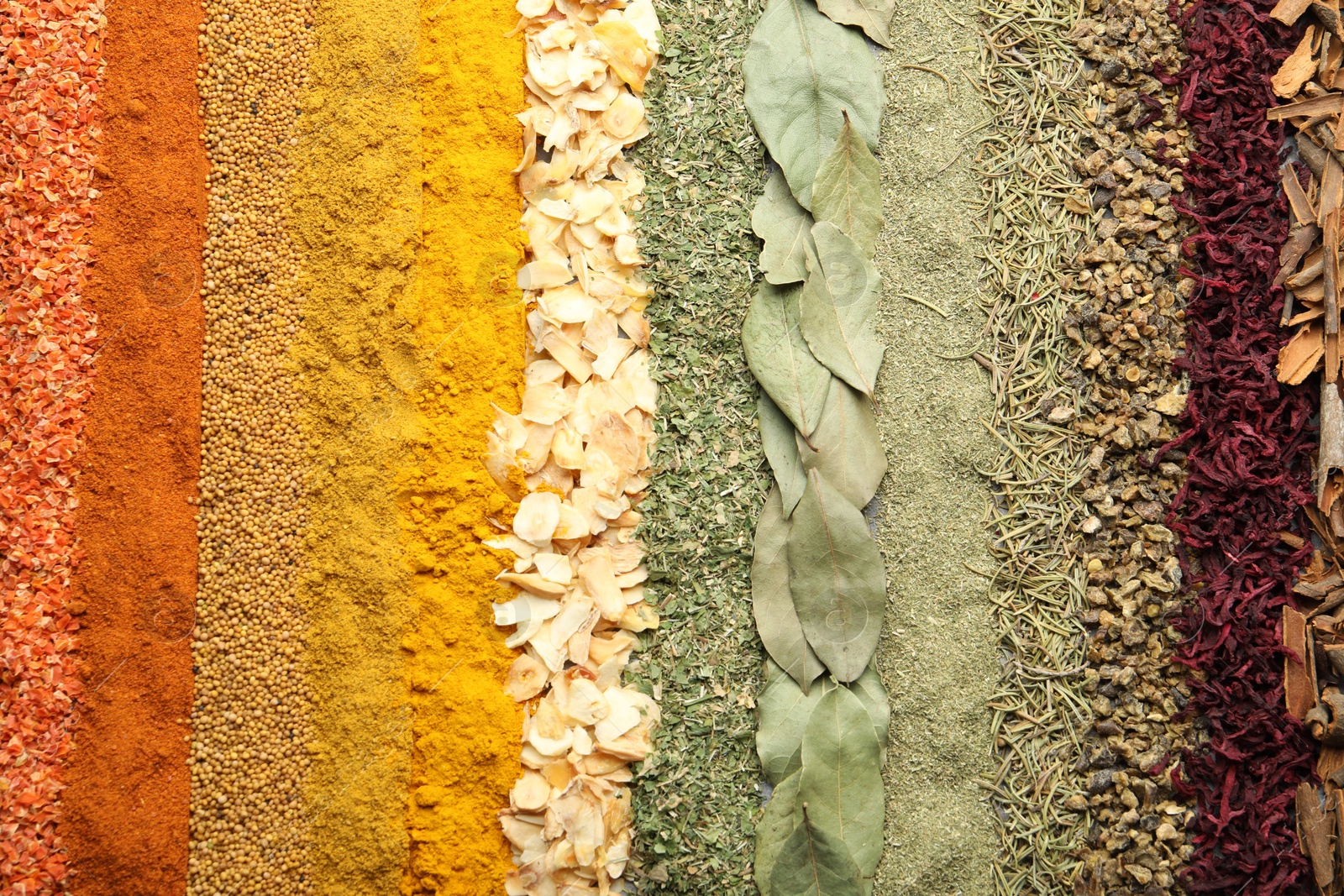 Many different spices as background, top view Photo of Many different spices as background, top view