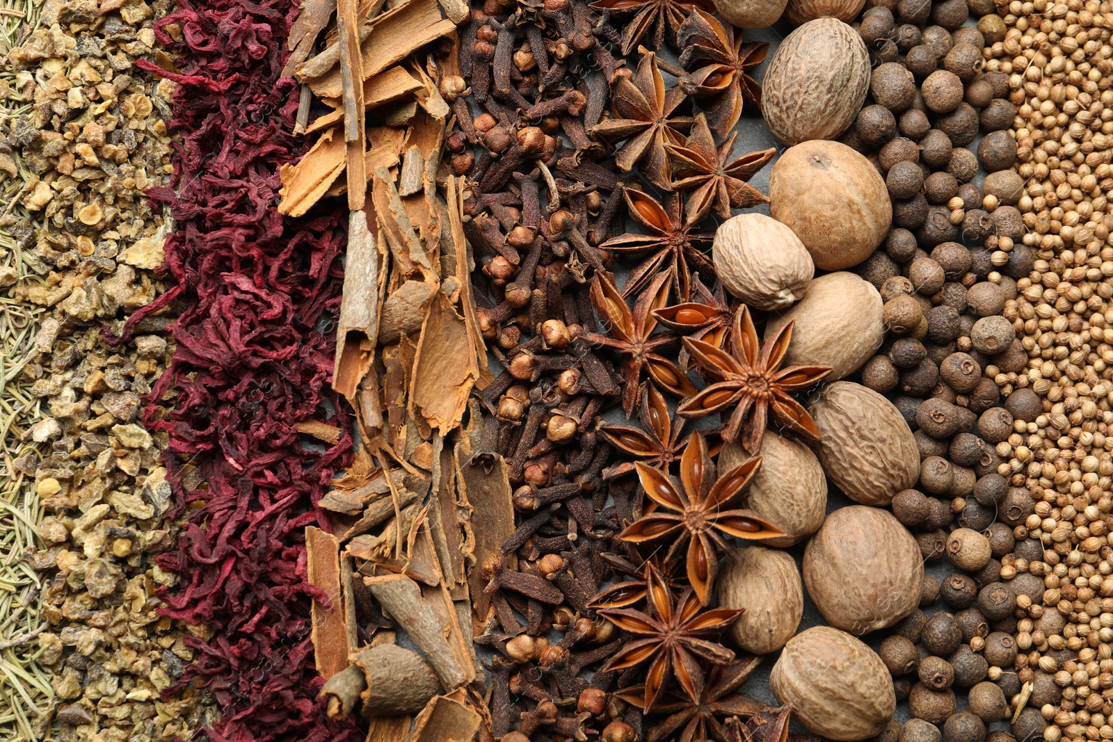 Many different spices as background, top view Photo of Many different spices as background, top view