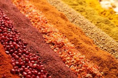 Photo of Many different spices as background, closeup view