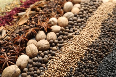 Photo of Many different spices as background, closeup view