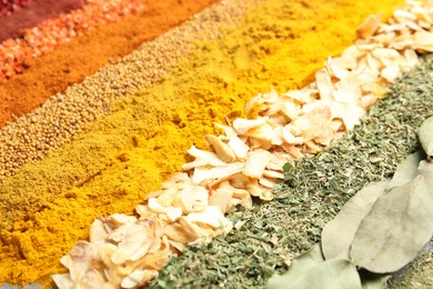 Photo of Many different spices as background, closeup view