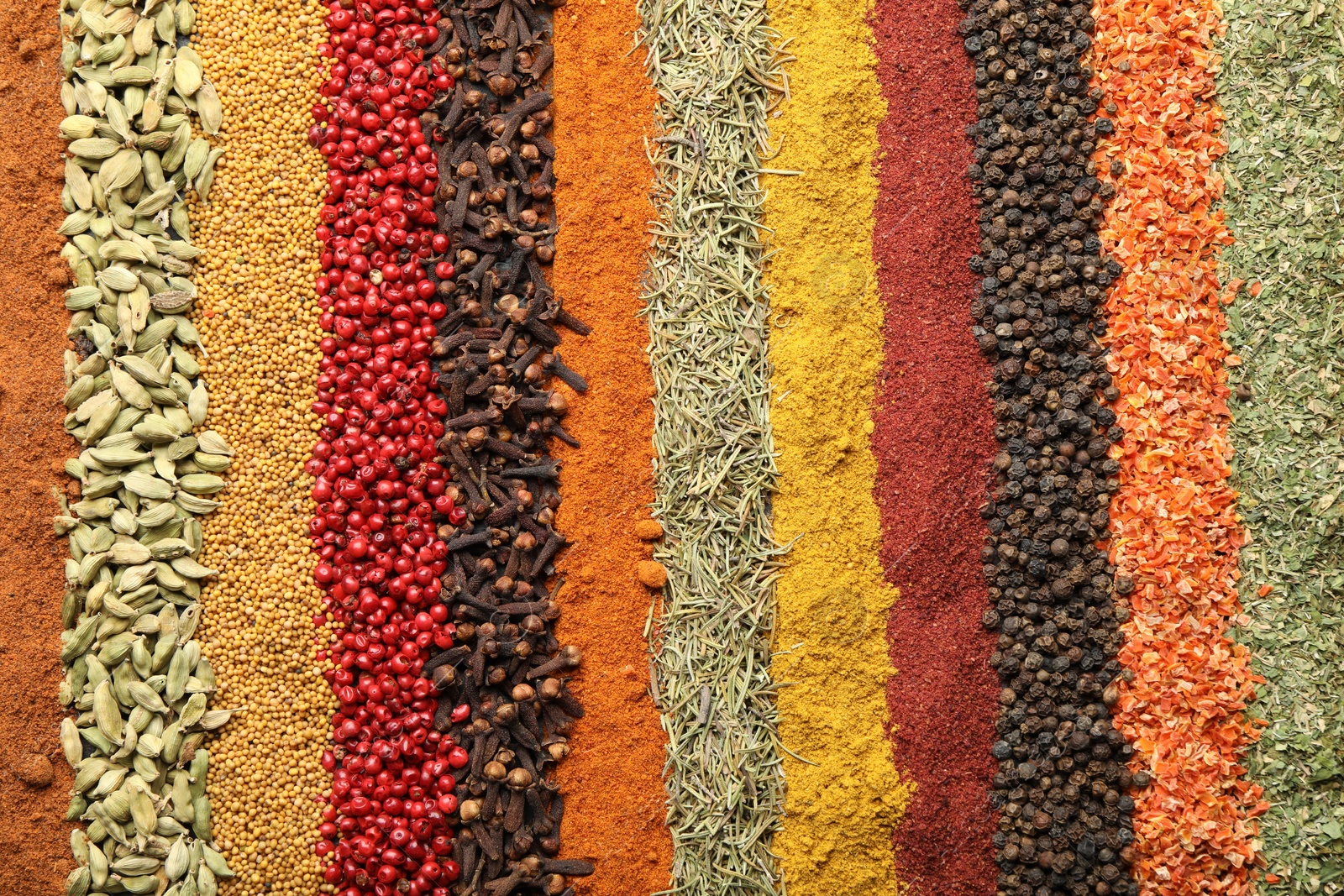 Many different spices as background, top view Photo of Many different spices as background, top view