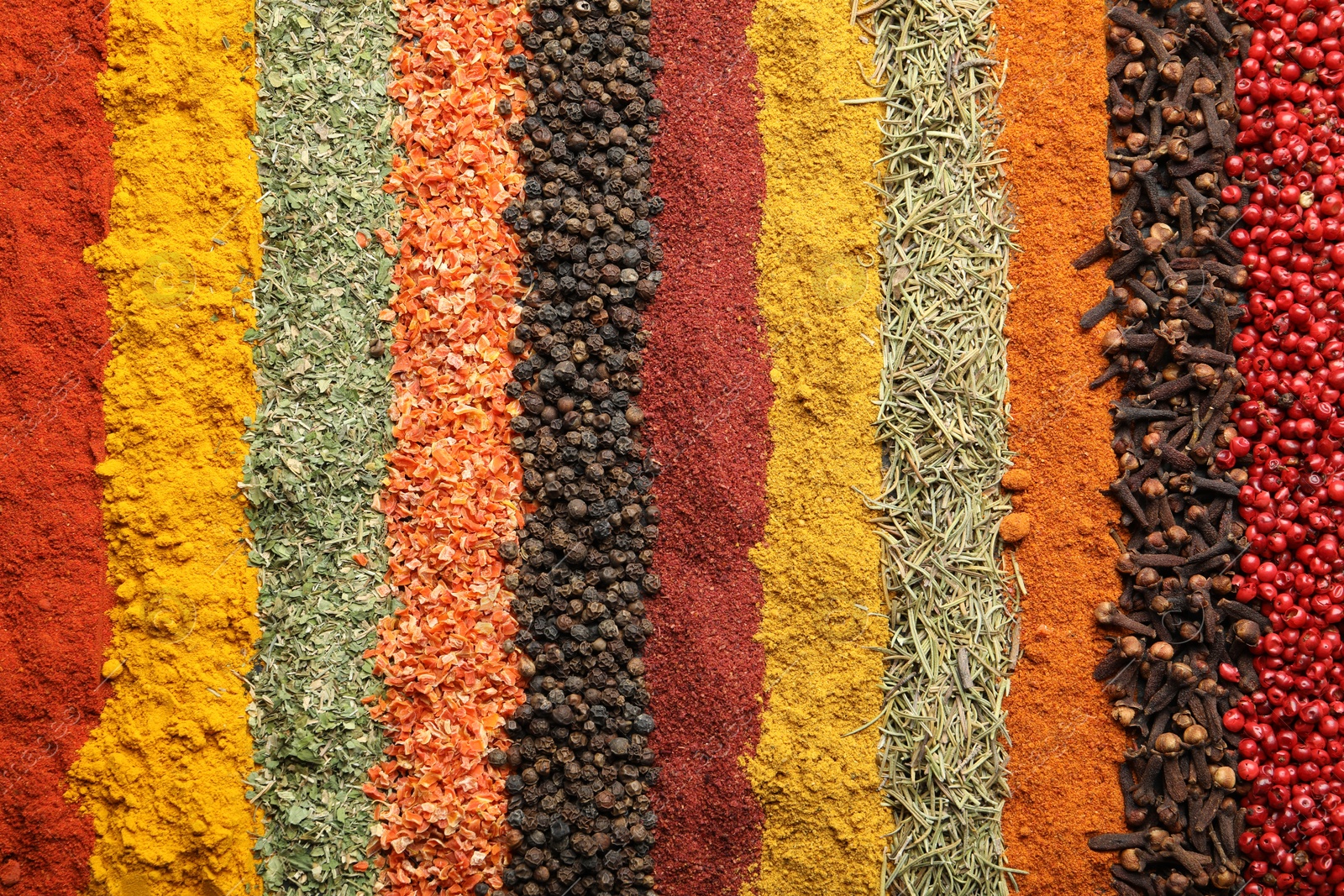 Many different spices as background, top view Photo of Many different spices as background, top view