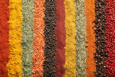 Photo of Many different spices as background, top view