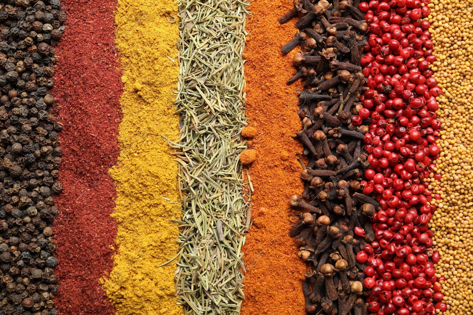 Many different spices as background, top view Photo of Many different spices as background, top view