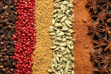 Photo of Many different spices as background, top view