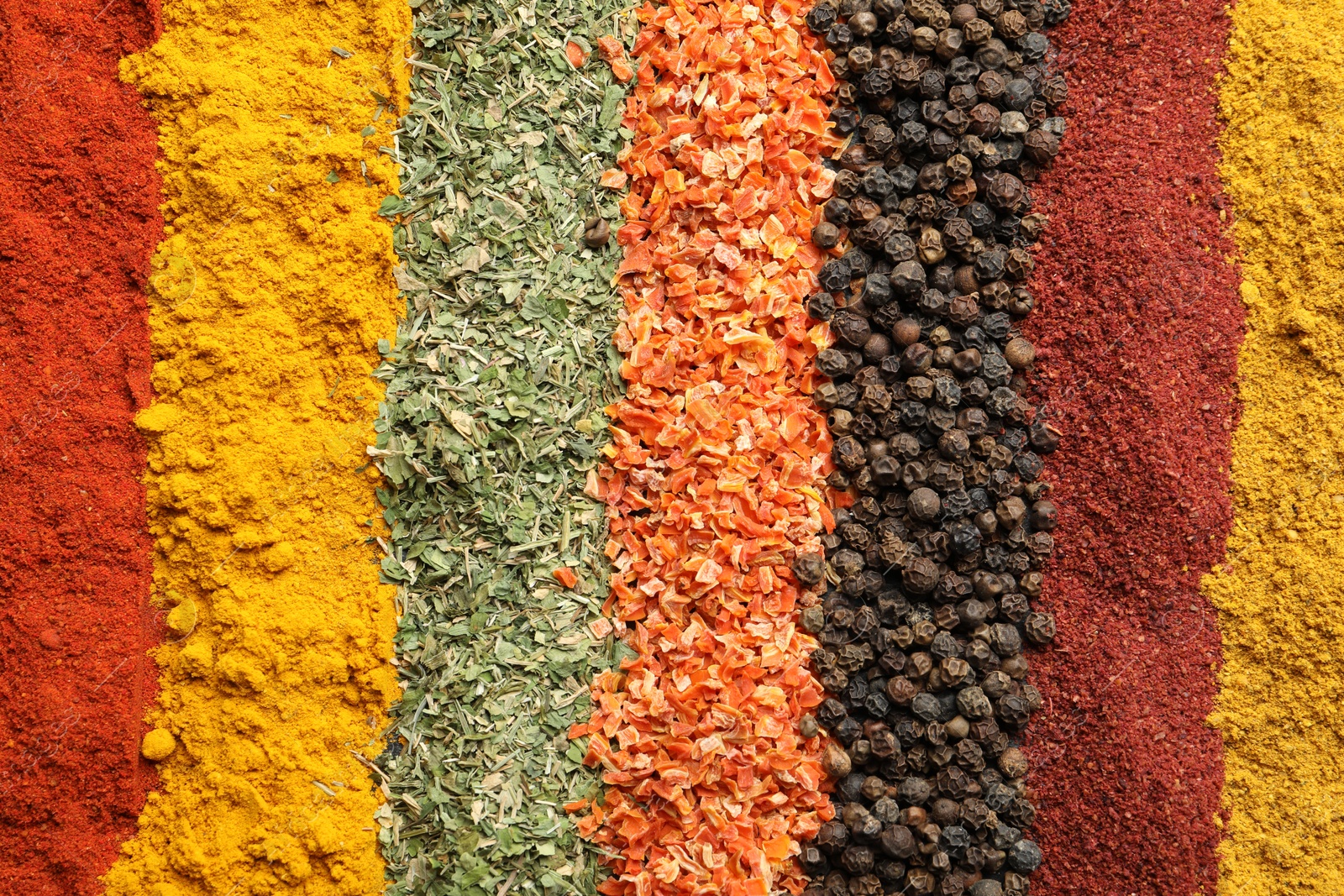 Many different spices as background, top view Photo of Many different spices as background, top view