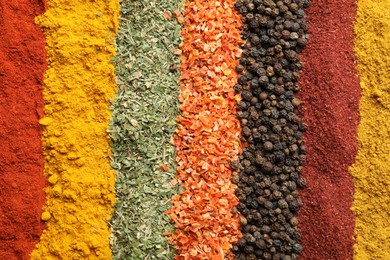Photo of Many different spices as background, top view