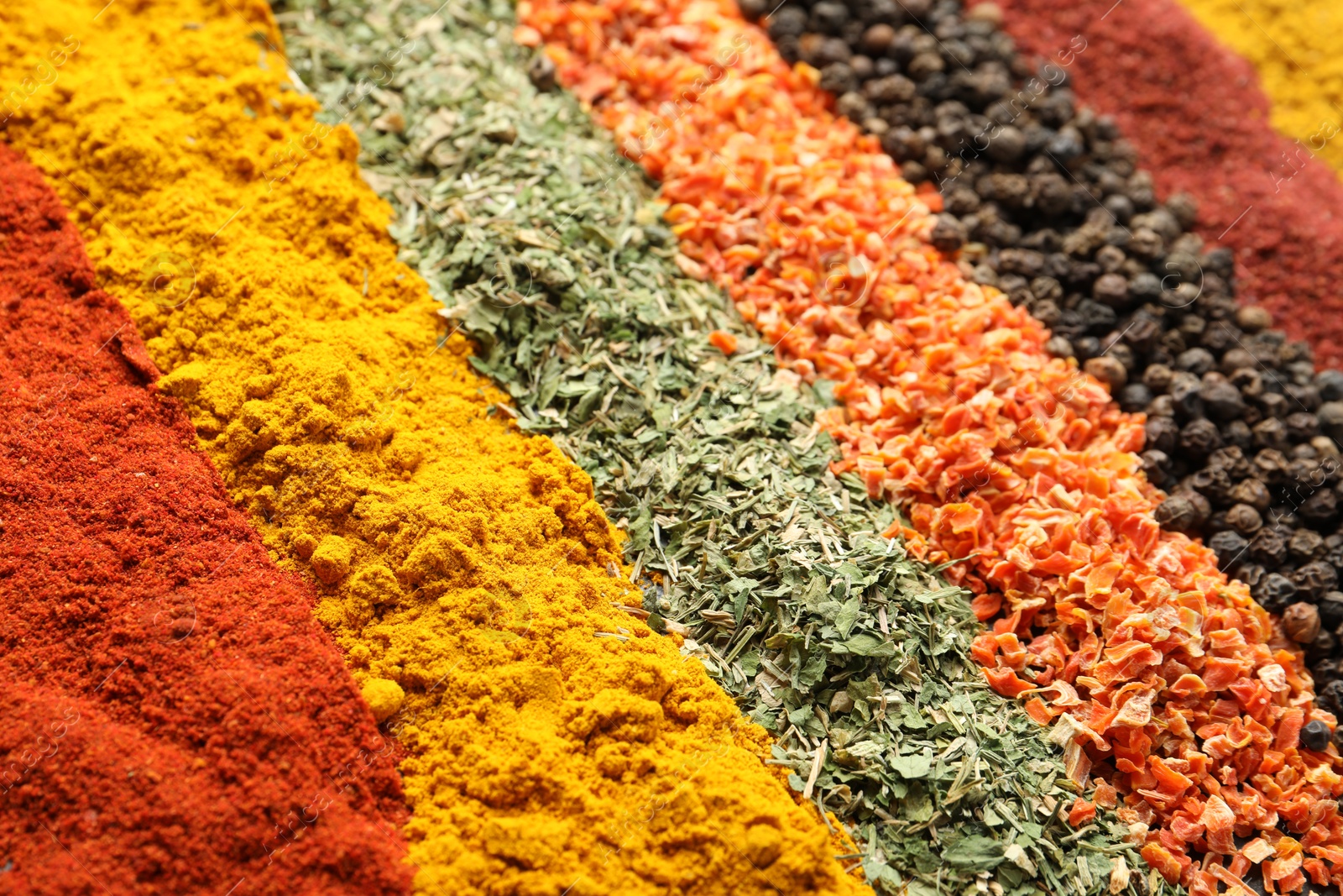 Many different spices as background, closeup view Photo of Many different spices as background, closeup view