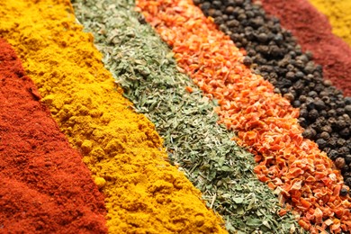 Photo of Many different spices as background, closeup view