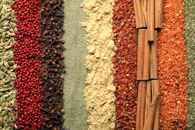 Photo of Many different spices as background, top view