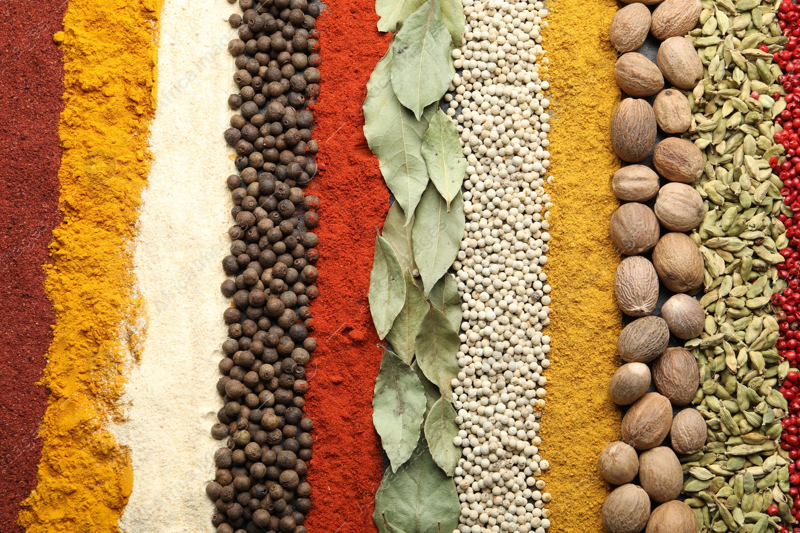 Many different spices as background, top view Photo of Many different spices as background, top view
