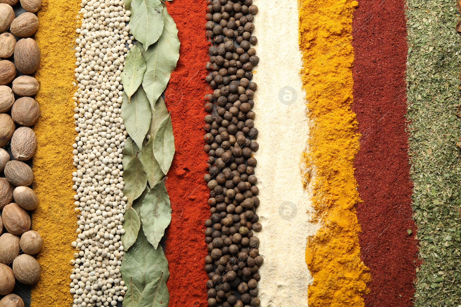 Many different spices as background, top view Photo of Many different spices as background, top view