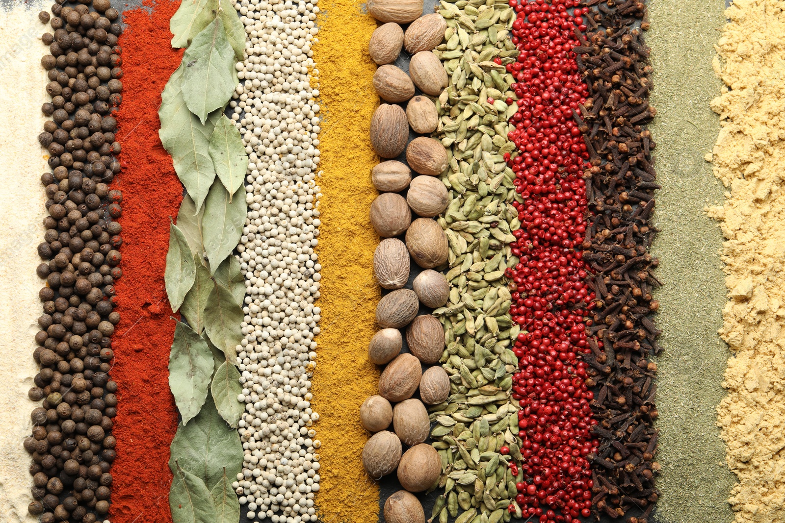 Many different spices as background, top view Photo of Many different spices as background, top view