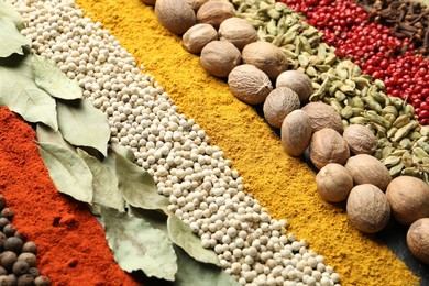 Photo of Many different spices as background, closeup view