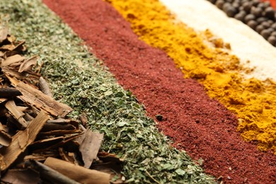 Photo of Many different spices as background, closeup view
