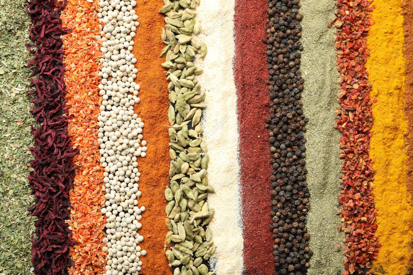Many different spices as background, top view Photo of Many different spices as background, top view