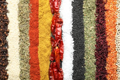 Photo of Many different spices as background, top view