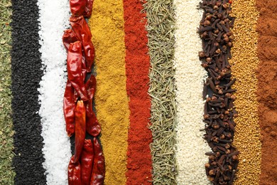 Photo of Many different spices as background, top view