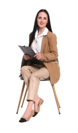 Photo of Professional psychologist with clipboard in chair on white background