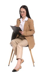 Photo of Professional psychologist with clipboard in chair on white background