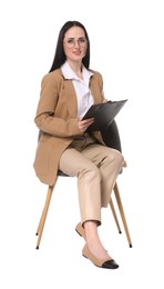 Photo of Professional psychologist with clipboard in chair on white background