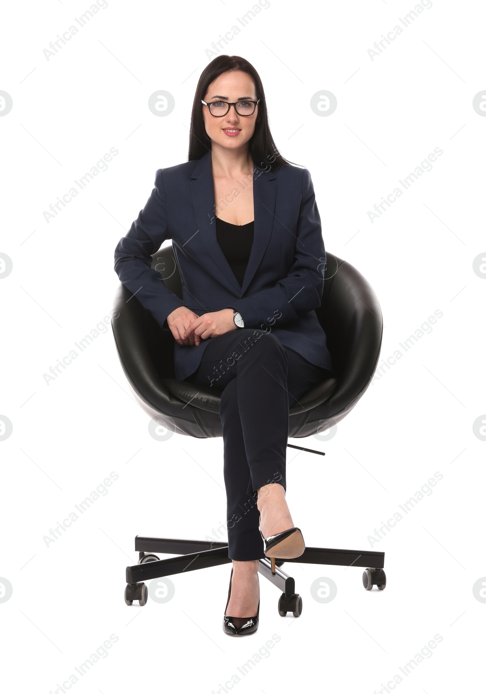 Photo of Professional psychologist in office chair on white background