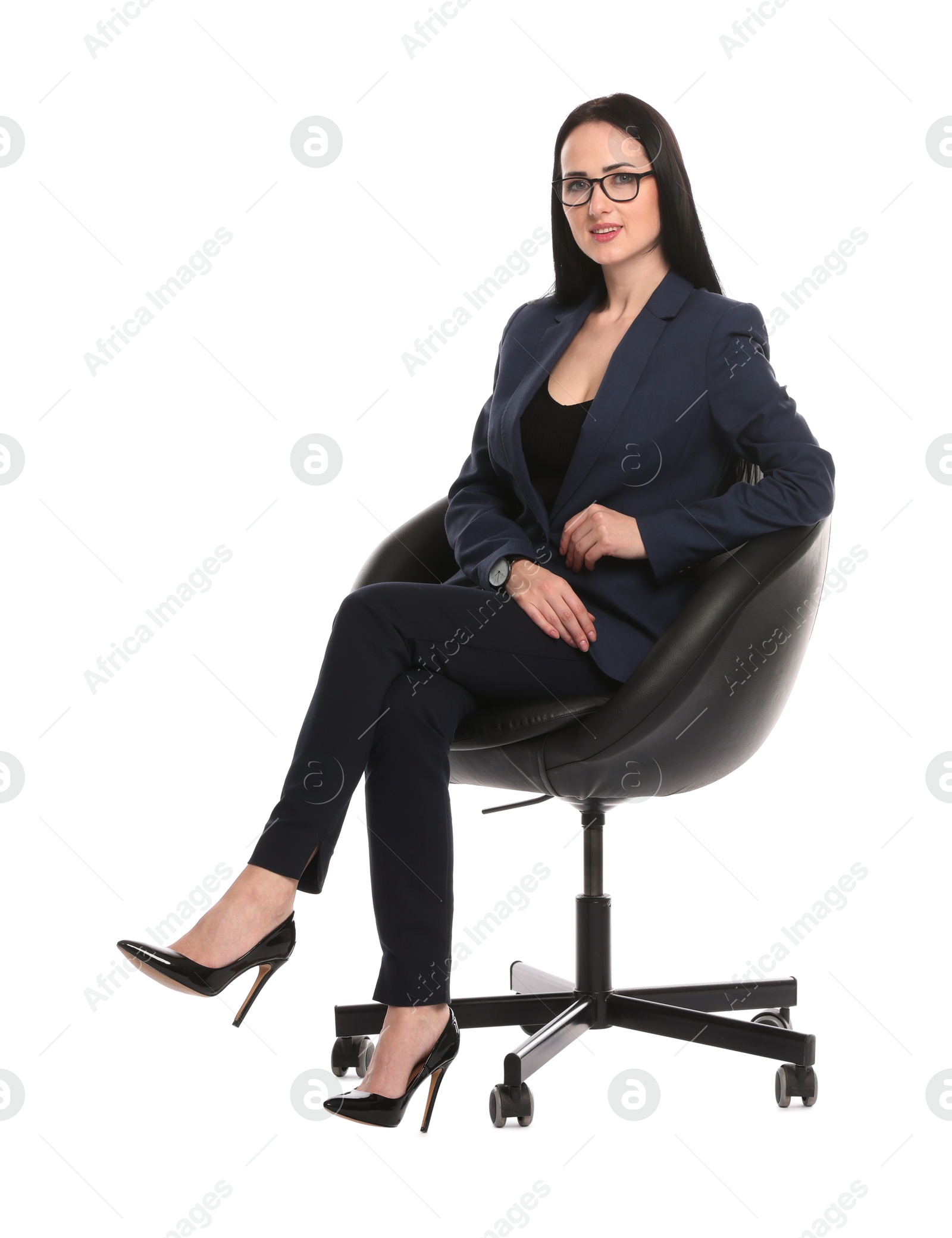 Photo of Professional psychologist in office chair on white background