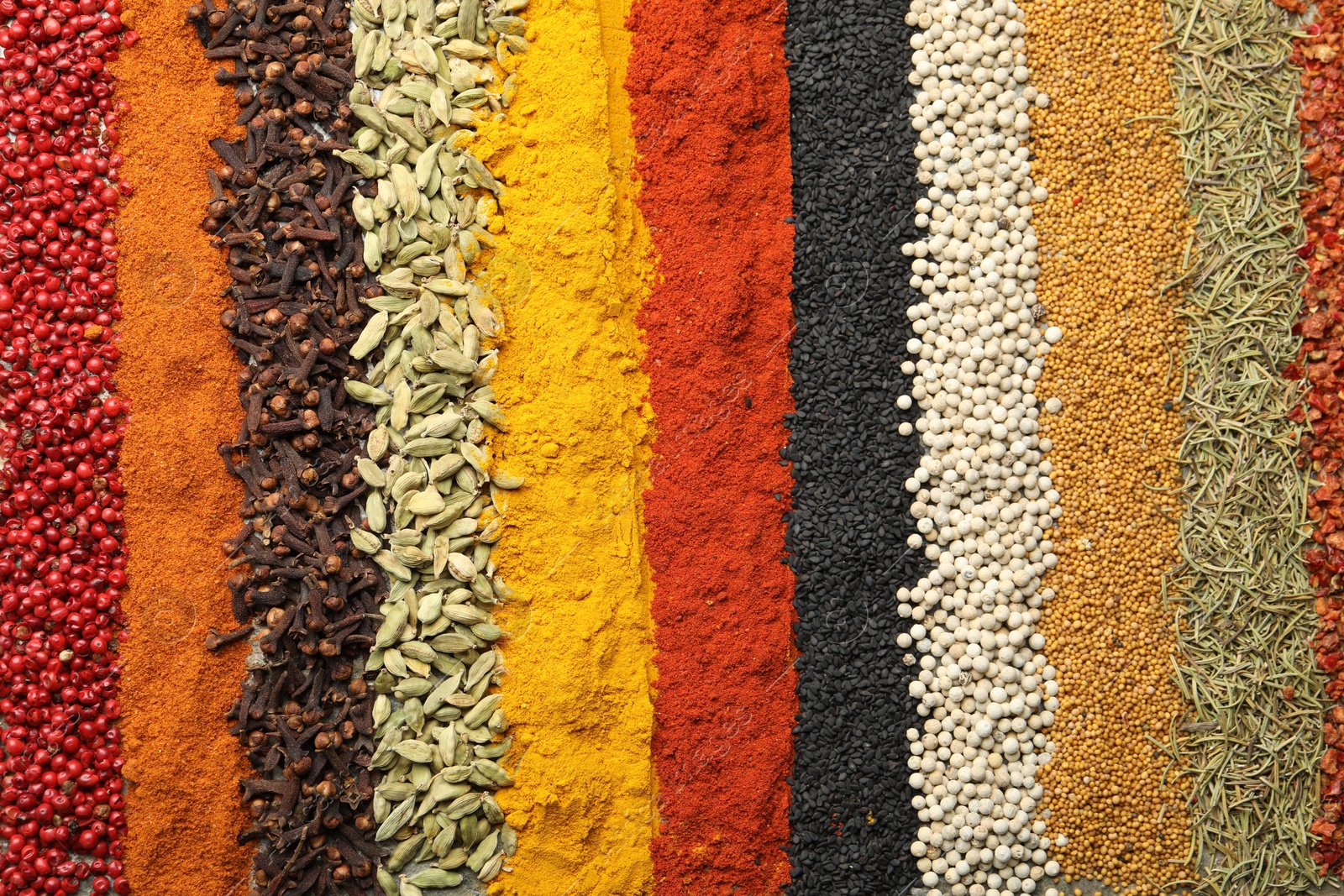 Many different spices as background, top view Photo of Many different spices as background, top view