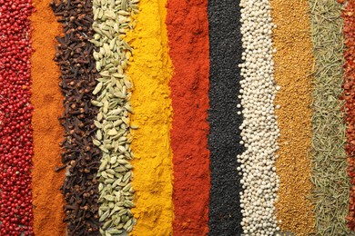 Photo of Many different spices as background, top view