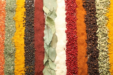 Photo of Many different spices as background, top view