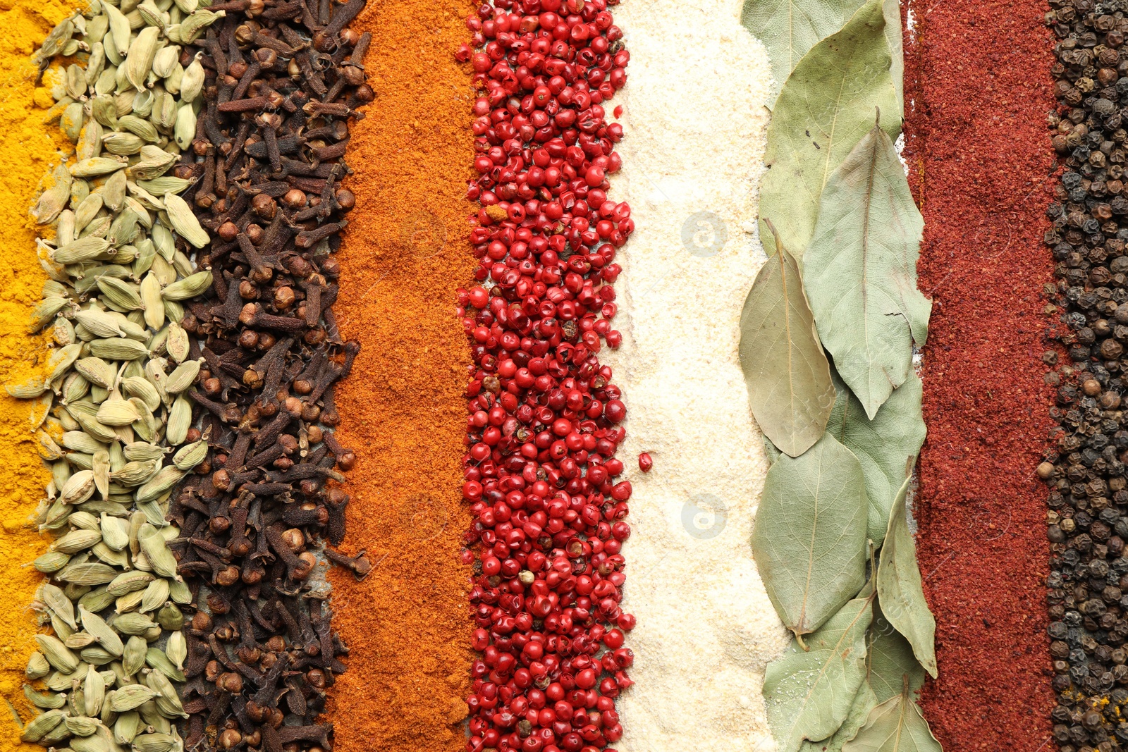 Many different spices as background, top view Photo of Many different spices as background, top view