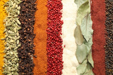 Photo of Many different spices as background, top view