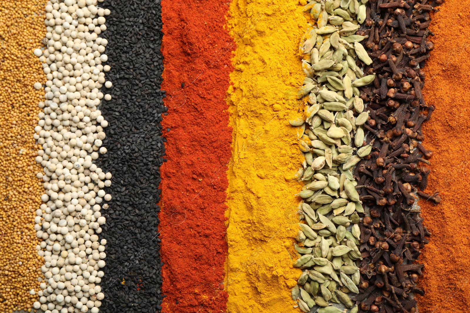 Many different spices as background, top view Photo of Many different spices as background, top view