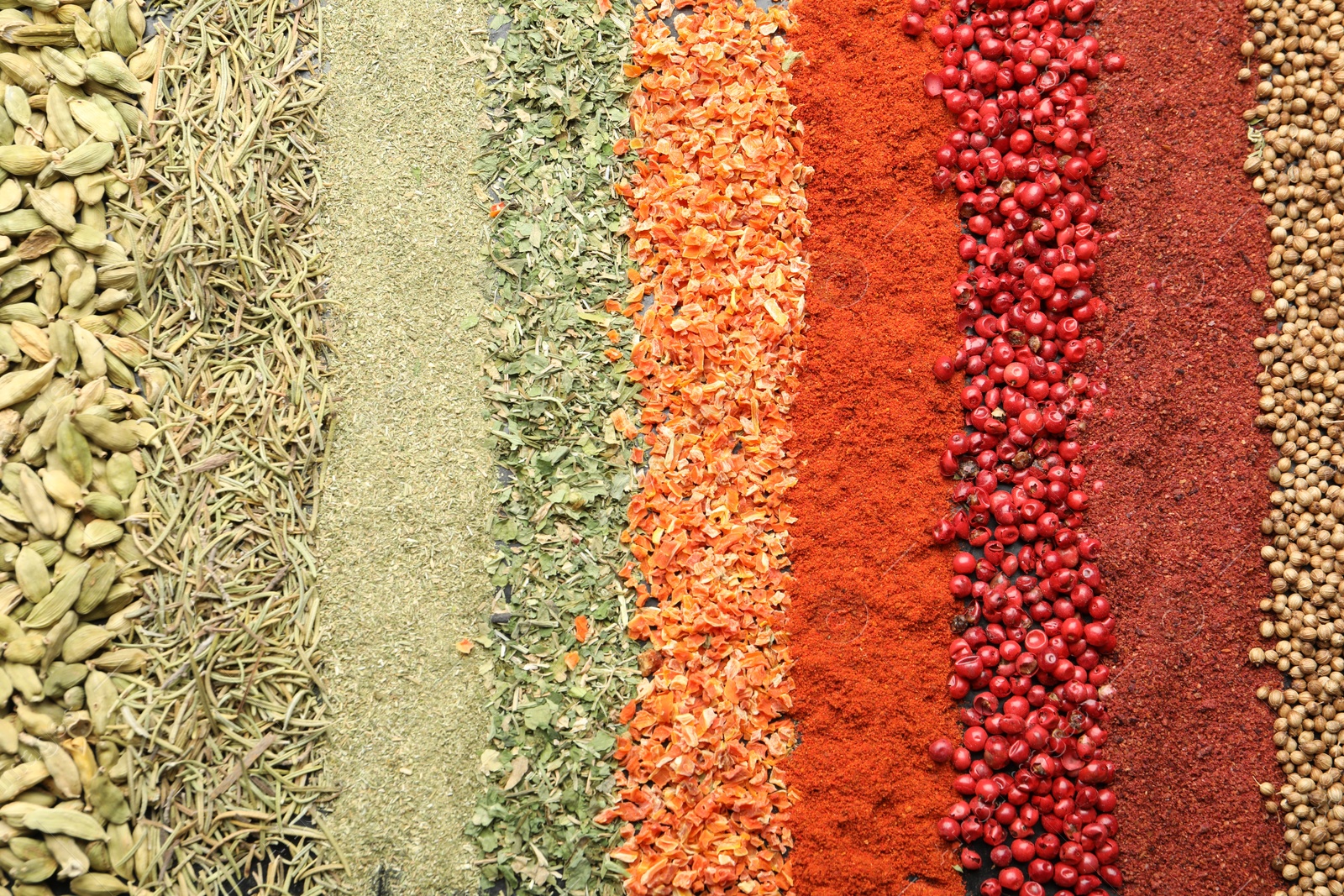 Many different spices as background, top view Photo of Many different spices as background, top view