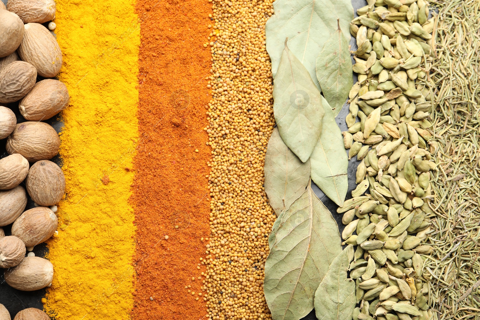 Many different spices as background, top view Photo of Many different spices as background, top view